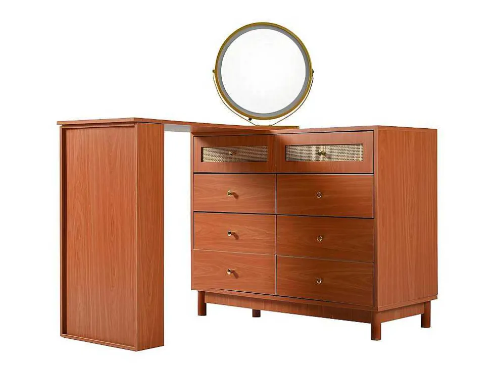 Uitschuifbare Kaptafel - 8 Laden En 1 Spiegel Met Led - Retrostijl - Bruin (Kruk Niet Inbegrepen)