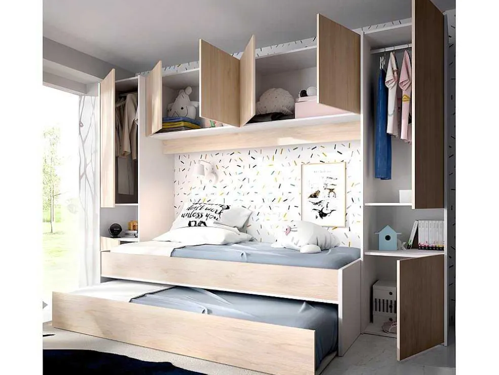 Uitschuifbed Met Ingebouwde Kasten Selena - 90 X 190Cm - Eiken & Wit + Matras