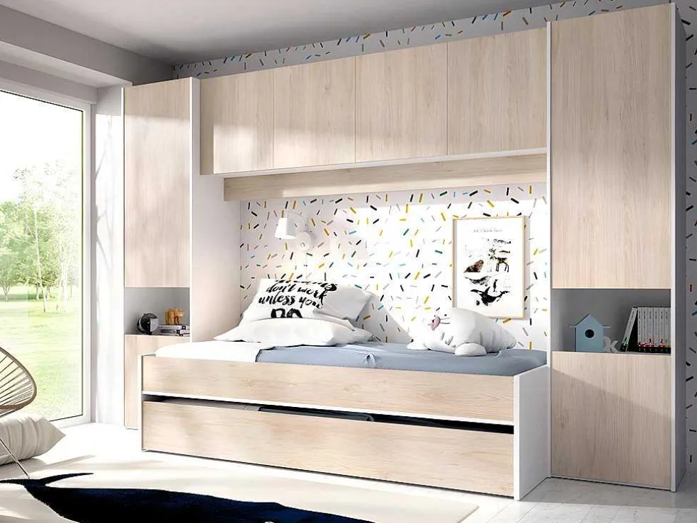 Uitschuifbed Met Ingebouwde Kasten Selena - 90 X 190Cm - Eiken & Wit + Matras