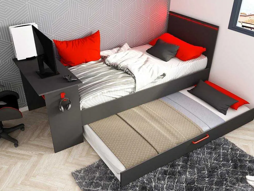 Uitschuifbed 2 X 90 X 200 Cm - Met Bureau - Ledverlichting - Antraciet En Rood - Vouani