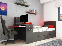 Uitschuifbed 2 X 90 X 200 Cm - Met Bureau - Ledverlichting - Antraciet En Rood - Vouani