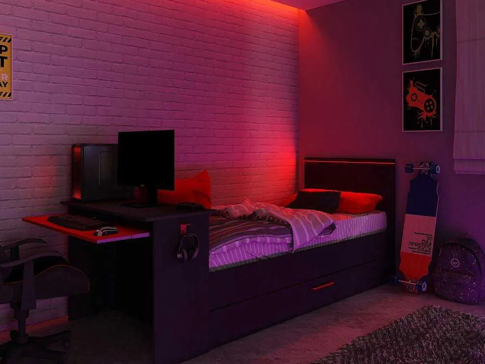 Uitschuifbed 2 X 90 X 200 Cm - Met Bureau - Ledverlichting - Antraciet En Rood - Vouani