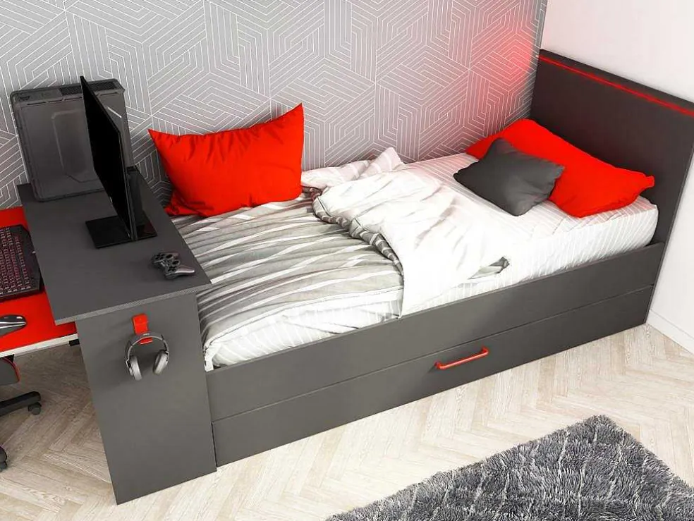 Uitschuifbed 2 X 90 X 200 Cm - Met Bureau - Ledverlichting - Antraciet En Rood - Vouani