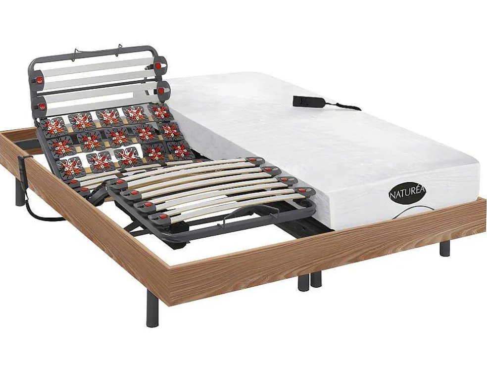 Verstelbaar Relaxbed Met Contactplaatjes En Latten En Matras Met Vormgeheugen En Bamboe Damysos Van Naturea - Motors Okin - 2X90X200 Cm - Eiken