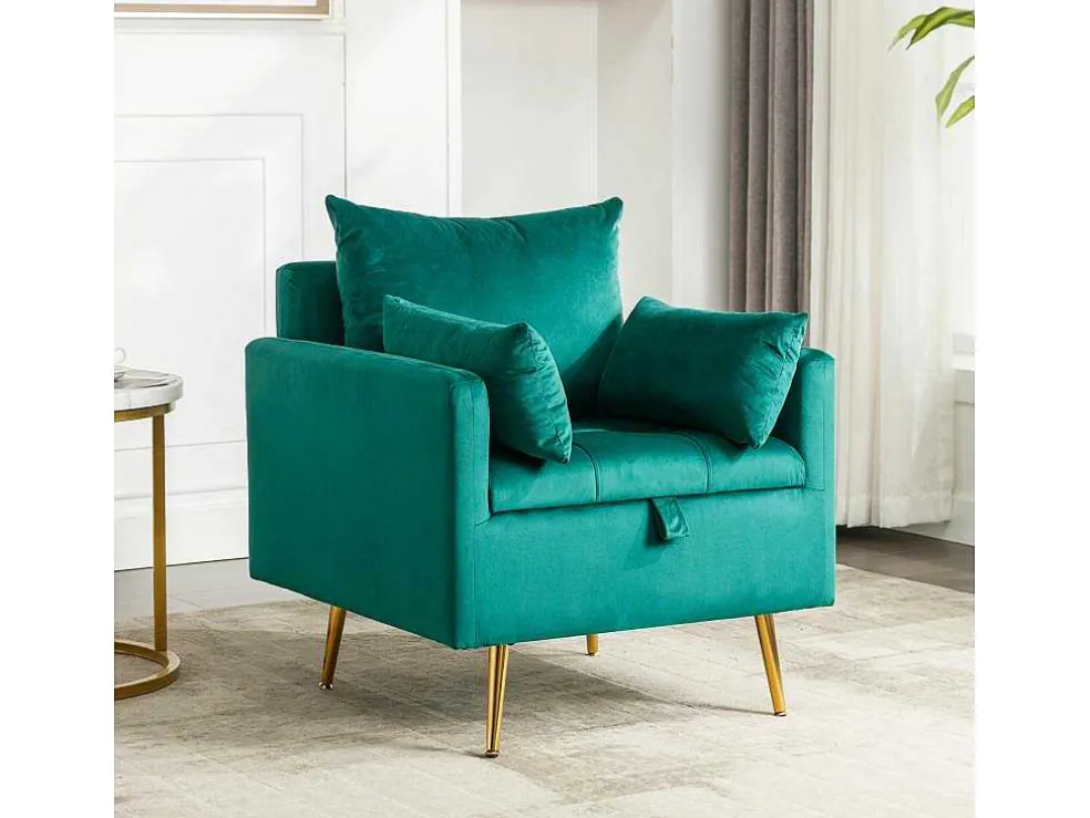 Vipi Fauteuil In Fluwelen Stof Met Opbergruimte En Kussen - Poten Van Goudkleurig Metaal - Groen