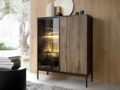Vitrinekast Met 2 Deurtjes Met Ledverlichting Van Mdf En Gerookt Glas - Zwart En Naturel - Ovila