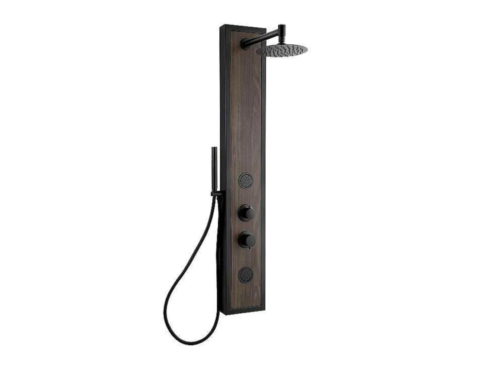 Zwarte Douchekolom Met Massagestralen Met Houten Decoratie - H127 X L48,5 Cm - Ubala